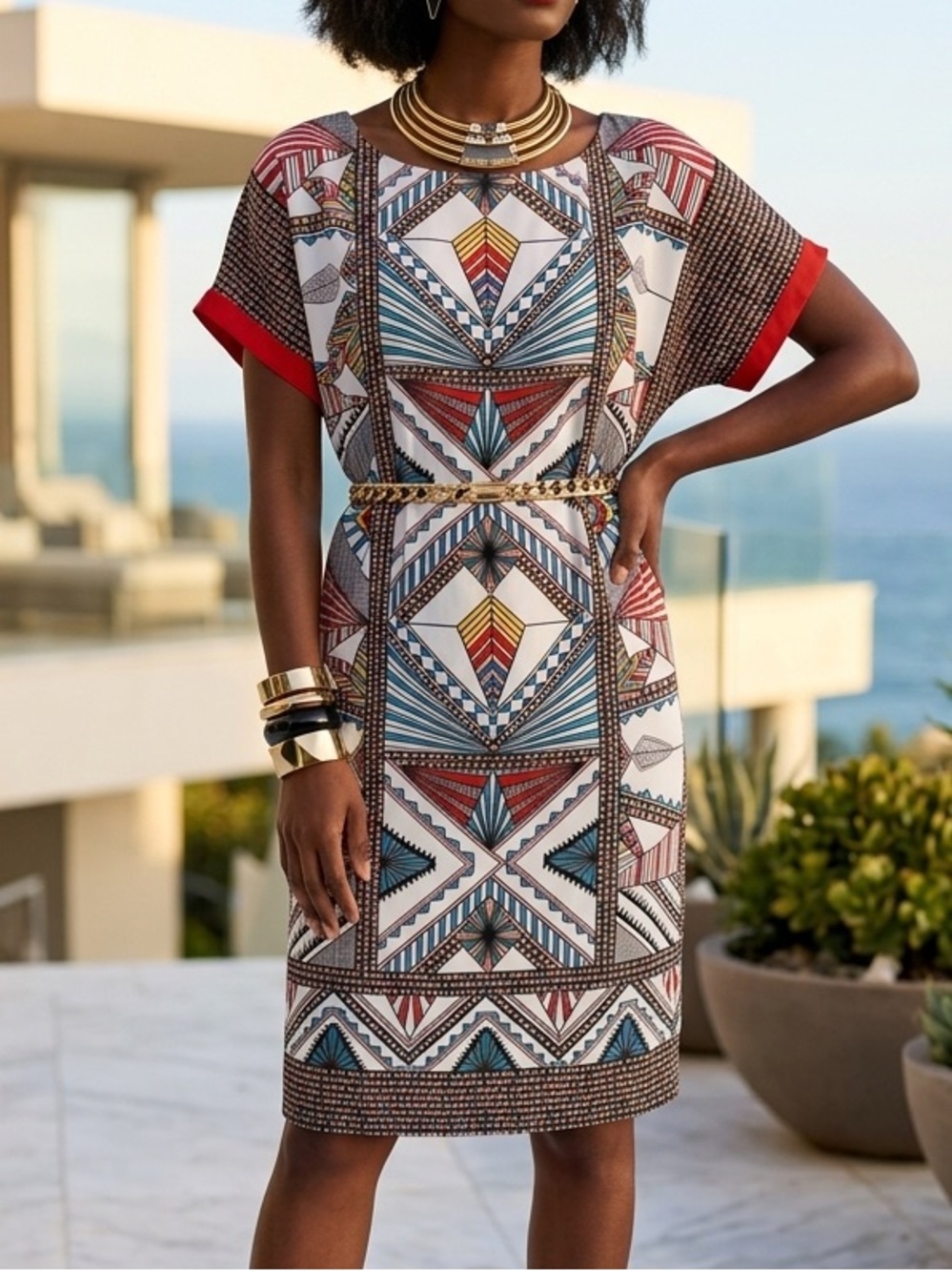 Gibson & Latimer Womens Geometric Tribal Print Shift Dress Multi Color LA8082ANP